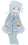  1girl :o alternate_costume blue_eyes blue_hair blue_pajamas blue_pants blue_shirt blunt_bangs collared_shirt double_v hair_ornament indie_virtual_youtuber kaizuka_(mintfield) long_hair long_sleeves looking_at_viewer open_mouth pajamas pants shirt simple_background solo somunia standing translation_request v virtual_youtuber white_background 