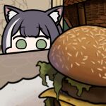  1girl animal_ear_fluff animal_ears black_hair burger cat_ears cat_girl food green_eyes jazz_jack karyl_(princess_connect!) lowres princess_connect! solo 