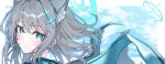  1girl animal_ear_fluff animal_ears blue_archive blue_eyes blue_halo blue_scarf blue_sky blush border close-up clouds cloudy_sky commentary cross_hair_ornament extra_ears grey_hair ha_en hair_ornament halo highres looking_at_viewer medium_hair mismatched_pupils parted_lips scarf shiroko_(blue_archive) sky solo white_border wolf_ears 