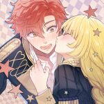  1boy 1girl asymmetrical_bangs black_jacket blonde_hair blush braid braided_ponytail circle0121 collared_shirt embarrassed epaulettes fire_emblem fire_emblem:_three_houses garreg_mach_monastery_uniform gold_trim hair_between_eyes hand_blush ingrid_brandl_galatea jacket kiss kissing_cheek long_hair long_sleeves redhead shirt shirt_grab short_hair simple_background star_(symbol) sylvain_jose_gautier white_shirt yellow_eyes 