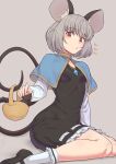  1girl animal_ears basket black_dress blue_capelet breasts capelet commentary dress frilled_dress frills grey_background grey_hair highres jewelry kakone long_sleeves looking_at_viewer mouse mouse_ears mouse_girl nazrin pendant red_eyes short_hair simple_background sitting small_breasts touhou 