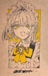  1girl blunt_bangs border bow bowtie fang frills hair_between_eyes jewelry kitamurashu maid maid_headdress mole mole_under_eye monochrome open_mouth original short_hair skin_fang solo spot_color traditional_media white_border yellow_bow yellow_bowtie yellow_eyes 