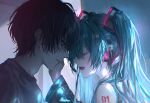  1boy 1girl asano_(kazusasn) black_hair black_sleeves blue_hair closed_eyes hand_on_another&#039;s_cheek hand_on_another&#039;s_face hatsune_miku headset highres open_mouth shoulder_tattoo smile tattoo twintails vocaloid 