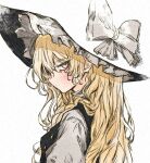  1girl blonde_hair bow commentary_request deal360acv derivative_work frilled_hat frills from_side hat hat_bow highres kirisame_marisa long_hair looking_at_viewer simple_background solo touhou upper_body white_background white_bow yellow_eyes 