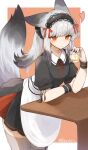  1girl andou_yuna animal_ears arknights artist_name black_dress black_hairband black_wrist_cuffs blush cowboy_shot cup diamond-shaped_pupils diamond_(shape) dress drink fox_ears fox_girl fox_tail frostleaf_(arknights) grey_hair grey_thighhighs hairband heart highres holding holding_cup holding_drink looking_at_viewer maid neck_ribbon red_eyes red_ribbon ribbon sidelocks solo symbol-shaped_pupils tail thigh-highs tumbler_glass twintails twitter_username 