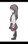  1girl black_socks brown_eyes brown_hair collared_shirt flower from_side full_body highres holding holding_flower ib ib_(ib) long_hair long_sleeves looking_at_viewer marutei2 open_mouth red_flower red_footwear red_rose red_skirt rose shirt shoes simple_background skirt socks solo standing white_background white_shirt 
