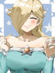  bare_shoulders blonde_hair blue_dress blush brooch closed_eyes collarbone dress earrings facing_viewer food hair_over_one_eye highres holding holding_food holding_ice_cream holding_spoon ice_cream ice_cream_cup ice_cream_spoon jewelry long_sleeves off-shoulder_dress off_shoulder rosalina smile spoon star_(symbol) star_brooch star_earrings strapless strapless_dress super_mario_bros. super_mario_galaxy taka_p_(zelda27th) upper_body 