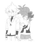  1boy 1girl antenna_hair closed_eyes cowboy_shot dede_(qwea_00000) greyscale hilda_(pokemon) monochrome n_(pokemon) pokemon pokemon_(game) pokemon_bw ponytail shorts smelling_hair smile source_request standing white_background wristband 