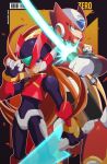  2boys android blonde_hair blue_eyes commentary crop_top en_dorzer english_commentary english_text helmet highres holding holding_sword holding_weapon long_hair looking_at_viewer male_focus mega_man_(series) mega_man_x_(series) mega_man_zero_(series) multiple_boys sword weapon zero(z)_(mega_man) zero_(mega_man) 