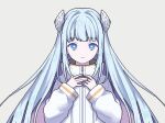  1girl blue_eyes blue_hair blunt_bangs closed_mouth commentary commentary_request dress english_commentary expressionless grey_background hair_ornament hands_up indie_virtual_youtuber long_hair long_sleeves looking_at_viewer narume official_art pixel_art second-party_source simple_background solo somunia straight-on upper_body very_long_hair virtual_youtuber white_dress 
