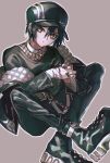  1boy belt black_footwear black_hair black_headwear black_nails black_pants black_shirt brown_eyes danganronpa_(series) danganronpa_v3:_killing_harmony grey_background highres male_focus nail_polish off_shoulder outline own_hands_together pants saihara_shuichi shirt short_hair simple_background sitting solo visket53 white_outline 