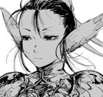  1girl aged_down animal_ears black_hair blush breath_of_fire breath_of_fire_iv closed_eyes closed_mouth flower greyscale long_hair monochrome open_mouth shoulder_pads simple_background smile solo teeth tongue ursula_(breath_of_fire) white_background yosaku_(roach) 