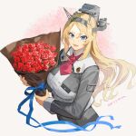  1girl 9-ga ascot blonde_hair blue_eyes blue_ribbon bouquet breasts dated flower grey_jacket hair_between_eyes headgear highres holding holding_bouquet jacket kantai_collection large_breasts long_hair long_sleeves looking_at_viewer military_uniform nelson_(kancolle) open_mouth red_ascot red_flower red_rose ribbon rose simple_background solo uniform upper_body 