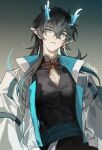  black_hair chinese_clothes dan_feng_(honkai:_star_rail) dan_heng_(honkai:_star_rail) dan_heng_(imbibitor_lunae)_(honkai:_star_rail) dragon_boy dragon_horns earrings english_commentary green_eyes green_horns hair_between_eyes honkai:_star_rail honkai_(series) horns jewelry long_hair long_sleeves looking_at_viewer male_focus open_clothes pectoral_cleavage pectorals pnd6hs pointy_ears red_eyeliner simple_background twitter_username upper_body 