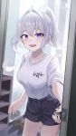  1girl absurdres arch_a4 blue_shorts blurry blush breasts commentary cowboy_shot depth_of_field falling_feathers grey_hair highres indoors ine_(vtuber) large_breasts looking_ahead open_mouth opening_door ponytail shirt shirt_tucked_in short_hair short_shorts short_sleeves shorts smile solo standing violet_eyes virtual_youtuber waktaverse white_shirt 