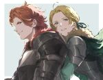  1boy 1girl ahoge armor blonde_hair breastplate cape fire_emblem fire_emblem:_three_houses fur-trimmed_cape fur_trim green_cape green_eyes green_ribbon hair_ribbon head_on_another&#039;s_shoulder hug hug_from_behind ingrid_brandl_galatea looking_ahead looking_back redhead ribbon short_hair simple_background smile sylvain_jose_gautier toroyuri 