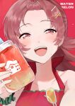  1girl absurdres apron bangs_pinned_back deibadoo drink hair_ornament highres holding holding_drink idolmaster idolmaster_shiny_colors komiya_kaho long_hair open_mouth red_apron red_eyes redhead scrunchie smile solo wrist_scrunchie x_hair_ornament 
