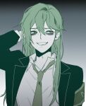 1boy 3cnfw arm_behind_head arm_up bags_under_eyes black_jacket collared_shirt green_hair green_necktie hair_between_eyes jacket lobotomy_corporation long_hair long_sleeves looking_to_the_side male_focus necktie nervous_smile netzach_(project_moon) pale_skin parted_lips project_moon shirt sidelocks smile solo upper_body very_long_hair white_shirt wing_collar 