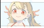  1girl bare_shoulders blonde_hair blue_background blush closed_mouth commentary_request hair_ornament kaizuka_(mintfield) long_hair looking_at_viewer natori_sana portrait rabbit_hair_ornament red_eyes sana_channel smile solo twintails virtual_youtuber 