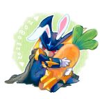  1boy animal_ears bass.exe_(mega_man) carrot cloak commentary_request helmet hug looking_to_the_side male_focus mega_man_(series) mega_man_battle_network_(series) rabbit_ears red_eyes solo wd_sakuya 