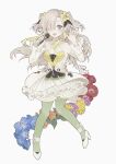  1girl anemone_(flower) bare_shoulders blonde_hair blush detached_sleeves dress floating_hair flower frilled_dress frills full_body green_eyes green_pantyhose grey_hair hair_flower hair_ornament hair_over_one_eye hands_up high_heels highres holding holding_microphone isekai_joucho kamitsubaki_studio long_hair looking_at_viewer microphone multicolored_hair nemophila_(flower) open_mouth pantyhose rose shouyuuchahan simple_background sleeveless sleeveless_dress smile solo two-tone_hair two_side_up virtual_youtuber white_background white_footwear yellow_flower 