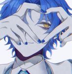  1boy 3cnfw bags_under_eyes blue_hair blue_nails chesed_(project_moon) closed_mouth collared_shirt heart heart_hands highres lobotomy_corporation male_focus pale_skin parted_lips portrait project_moon shirt simple_background smile solo white_background white_shirt 