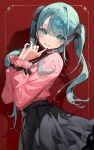  1girl absurdres black_nails black_skirt blue_eyes blue_hair chyoel hatsune_miku heart highres long_hair long_sleeves looking_at_viewer pink_shirt red_background shadow shirt skirt smile solo twintails vocaloid 
