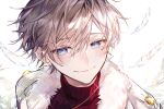 1boy absurdres blue_eyes blush closed_mouth coat feathers fur-trimmed_coat fur_trim highres light_brown_hair looking_at_viewer mahoutsukai_no_yakusoku male_focus red_sweater rustica_ferch short_hair smile solo sweater turtleneck turtleneck_sweater u-sama_(u_summer0719) white_background white_coat white_feathers 