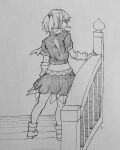 1girl arm_warmers bridge closed_mouth commentary from_behind full_body greyscale highres kanaria_(bocmn) mizuhashi_parsee monochrome parsee_day pointy_ears ponytail shoes short_hair short_sleeves simple_background sketch skirt solo standing touhou traditional_media 
