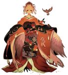  084oishi 1girl absurdres bare_shoulders bird bird_girl bird_legs bright_pupils collarbone feathered_wings flower full_body grey_hair hair_ornament hat highres horns japanese_clothes kimono looking_to_the_side off_shoulder oni_horns orange_kimono original print_kimono red_eyes short_hair simple_background smile solo tassel white_background white_pupils wings 