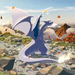  alternate_color charizard claws closed_mouth clouds commentary_request day fang fang_out full_body highres komepan looking_up mountain no_humans outdoors pokemon pokemon_(creature) rock shiny_pokemon sky solo standing 