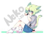  1boy animal_ears bandaid bandaid_on_face bandaid_on_knee bandaid_on_leg black_wristband blue_shorts cat_boy cat_ears cat_tail character_name earrings from_side green_hair grey_shirt highres instanttnoodle jewelry kemonomimi_mode licking licking_hand light_blush lio_fotia looking_at_viewer male_focus otoko_no_ko paw_socks promare shirt short_hair shorts simple_background single_earring sitting solo tail tongue tongue_out triangle_earrings violet_eyes white_background 