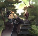  ace_attorney black_cape black_eyes black_hair black_headwear black_jacket black_pants brown_footwear buttons cape chinese_commentary commentary_request forest full_body hand_up hat highres holding holding_leaf jacket kazuma_asogi leaf long_sleeves looking_up male_focus mok_kongbai nature outdoors pants peaked_cap ryunosuke_naruhodo short_hair stairs standing the_great_ace_attorney tree 