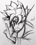  1boy boruto:_naruto_next_generations commentary crosshatching draw_with_aid english_commentary facial_mark forehead_protector hatching_(texture) highres making-of_available male_focus marker_(medium) monochrome naruto_(series) portrait signature sketch smile solo traditional_media uzumaki_boruto video_crop whisker_markings 
