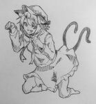  1girl :d animal_ears cat_ears cat_girl cat_tail chen clenched_hands commentary fang full_body greyscale hat highres kanaria_(bocmn) kneeling long_sleeves mob_cap monochrome multiple_tails nekomata one-hour_drawing_challenge open_mouth paw_pose short_hair simple_background sketch skirt smile socks solo tail touhou traditional_media two_tails 
