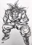  1boy boots clenched_hands commentary crosshatching dougi dragon_ball dragon_ball_z draw_with_aid english_commentary full_body furrowed_brow greyscale hatching_(texture) highres making-of_available male_focus marker_(medium) monochrome muscular muscular_male open_mouth serious signature solo son_goku squatting traditional_media video_crop wristband 