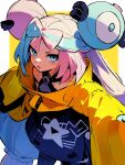  1girl aqua_eyes aqua_hair border bow-shaped_hair character_hair_ornament closed_mouth commentary_request fang fang_out grey_shirt hair_ornament highres iono_(pokemon) jacket long_hair looking_at_viewer multicolored_hair outside_border pink_hair pokemon pokemon_(game) pokemon_sv rewin_(nobabys_perfect) shirt sleeveless sleeveless_shirt solo star_(symbol) star_print two-tone_hair white_border yellow_background yellow_jacket 