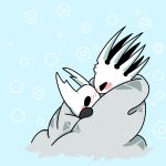  1boy 1other arthropod_boy black_eyes black_skin blank_eyes blanket blush blush_stickers colored_skin commentary eye_contact from_side half-closed_eyes hollow_knight knight_(hollow_knight) looking_at_another nose_blush pale_king_(hollow_knight) sakana_2-gou 