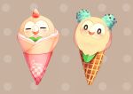  abstract_background absurdres animal animal_focus beak bird blush bow bowtie brown_background brown_feathers closed_eyes crepe feathers food food_wrapper fruit green_bow green_bowtie green_feathers highres ice_cream ice_cream_cone in_food looking_at_viewer mint_chocolate o_o owl patterned_background pokemon pokemon_(creature) polka_dot polka_dot_background rowlet simple_background sob_0 soft_serve strawberry strawberry_ice_cream talons white_feathers 