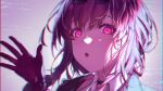  1girl atychi backlighting black_choker choker collared_shirt commentary gloves hand_up highres honkai:_star_rail honkai_(series) kafka_(honkai:_star_rail) looking_at_viewer open_mouth portrait purple_gloves purple_hair shirt short_hair solo symbol-only_commentary violet_eyes 
