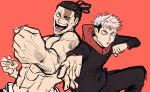  2boys black_hair couple fighting_stance highres incoming_attack incoming_punch itadori_yuuji jujutsu_kaisen male_focus mitinobanana multiple_boys muscular muscular_male outstretched_arm pectorals punching scar scar_across_eye short_hair side-by-side sideburns topless_male toudou_aoi_(jujutsu_kaisen) undercut unfinished 