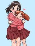  2girls :d ^_^ absurdres azumanga_daioh azumanga_daioh&#039;s_school_uniform beachepisode black_hair blue_background brown_eyes brown_hair closed_eyes cowboy_shot hand_on_another&#039;s_hip hand_on_another&#039;s_shoulder heart highres hug kasuga_ayumu long_hair long_sleeves looking_at_viewer low_twintails mihama_chiyo multiple_girls pink_serafuku pleated_skirt red_skirt sailor_collar school_uniform serafuku simple_background skirt smile standing twintails white_sailor_collar 