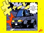  border car car_crash chibi choro-q english_commentary highres initial_d motor_vehicle nissan nissan_skyline nissan_skyline_gt-r nissan_skyline_r32 no_humans parody satosio scene_reference signature sound_effects speech_bubble style_parody vehicle_focus yellow_border 