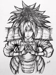  1boy armor commentary crosshatching draw_with_aid english_commentary eyebrows_hidden_by_hair fingerless_gloves from_above gloves hair_over_one_eye hatching_(texture) highres interlocked_fingers japanese_armor making-of_available male_focus marker_(medium) monochrome naruto_(series) naruto_shippuuden own_hands_together sharingan shoulder_armor signature solo traditional_media uchiha_madara upper_body video_crop 