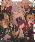  6+boys ahoge aiguillette animal_ears aqua_eyes arataki_itto armor arms_up artist_name asymmetrical_sleeves bandaged_arm bandaged_hand bandages black_collar black_gloves black_nails black_scarf black_shirt blonde_hair blue_hair bodypaint bow_(weapon) branch brown_background brown_hair chest_harness closed_mouth club_(weapon) collar collarbone colored_inner_hair crossed_bangs dog_ears dog_tags earrings facepaint fake_horns fingerless_gloves fingernails flower frown genshin_impact gloves gn4othi61 gold_trim gorou_(genshin_impact) green_eyes grey_pants hair_between_eyes harness headband holding holding_bow_(weapon) holding_sword holding_weapon horned_headwear horns igote jacket japanese_armor japanese_clothes jewelry kaedehara_kazuha kagotsurube_isshin_(genshin_impact) kamisato_ayato kanabou kimono kote kurokote lapels long_hair long_sleeves looking_at_viewer male_focus mismatched_sleeves multicolored_hair multiple_boys oni_horns open_clothes open_jacket outstretched_arm pants parted_bangs parted_lips paw_print pom_pom_(clothes) red_eyes red_horns red_jacket red_scarf redhead rope scarf shikanoin_heizou shimenawa shirt short_hair shorts shoulder_armor sidelocks sleeveless sleeveless_shirt sode spiked_club streaked_hair swept_bangs sword tassel thank_you thoma_(genshin_impact) twitter_username v-shaped_eyebrows violet_eyes weapon white_flower white_hair white_jacket white_kimono white_shirt wide_sleeves 