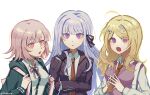  3girls :o ahoge akamatsu_kaede backpack bag black_ribbon black_shirt breasts chifurin collared_shirt danganronpa:_trigger_happy_havoc danganronpa_(series) danganronpa_2:_goodbye_despair flipped_hair hair_ornament hair_ribbon highres hood hood_down hooded_jacket jacket kirigiri_kyoko large_breasts long_sleeves looking_at_viewer medium_hair multiple_girls nanami_chiaki neck_ribbon necktie open_clothes open_jacket orange_necktie own_hands_together pink_bag pink_eyes pink_hair pink_vest ribbon shirt two-tone_shirt vest violet_eyes white_shirt 