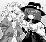  2girls :o absurdres adapted_costume annoyed black_skirt bow brooch buttons cape center_frills commentary_request dress fedora frilled_sleeves frills greyscale hand_on_own_hip hat hat_bow highres interlocked_fingers jewelry juliet_sleeves kabi_killer long_sleeves medium_hair mob_cap monochrome multiple_girls neck_ribbon necktie pointing puffy_sleeves ribbon skirt touhou upper_body usami_renko v-shaped_eyebrows wide_sleeves 