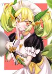 1girl absurdres apron blush breasts dragon_girl dragon_horns dragon_tail duel_monster green_hair highres holding holding_tray horns large_breasts long_hair looking_at_viewer maid maid_apron maid_headdress nbuuz parlor_dragonmaid puffy_sleeves short_sleeves solo tail tray twintails yellow_eyes yu-gi-oh!