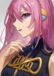  1girl bare_arms bare_shoulders black_vest blue_eyes commentary_request eyelashes from_side gold_trim gradient_background hair_between_eyes hand_up headset highres long_hair looking_at_viewer megurine_luka open_mouth pink_hair pink_nails profile reitou solo turtleneck upper_body vest vocaloid 