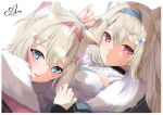  2girls absurdres alisa_alice animal_ear_fluff animal_ears belt_collar black_collar black_jacket blonde_hair blue_eyes blue_hair blush collar dog_ears dog_girl dress fang fur-trimmed_jacket fur_trim fuwawa_abyssgard hair_ornament hairpin highres hololive hololive_english jacket long_hair looking_at_viewer medium_hair mococo_abyssgard multicolored_hair multiple_girls pink_eyes pink_hair siblings sisters smile streaked_hair twins virtual_youtuber white_background white_dress x_hair_ornament 
